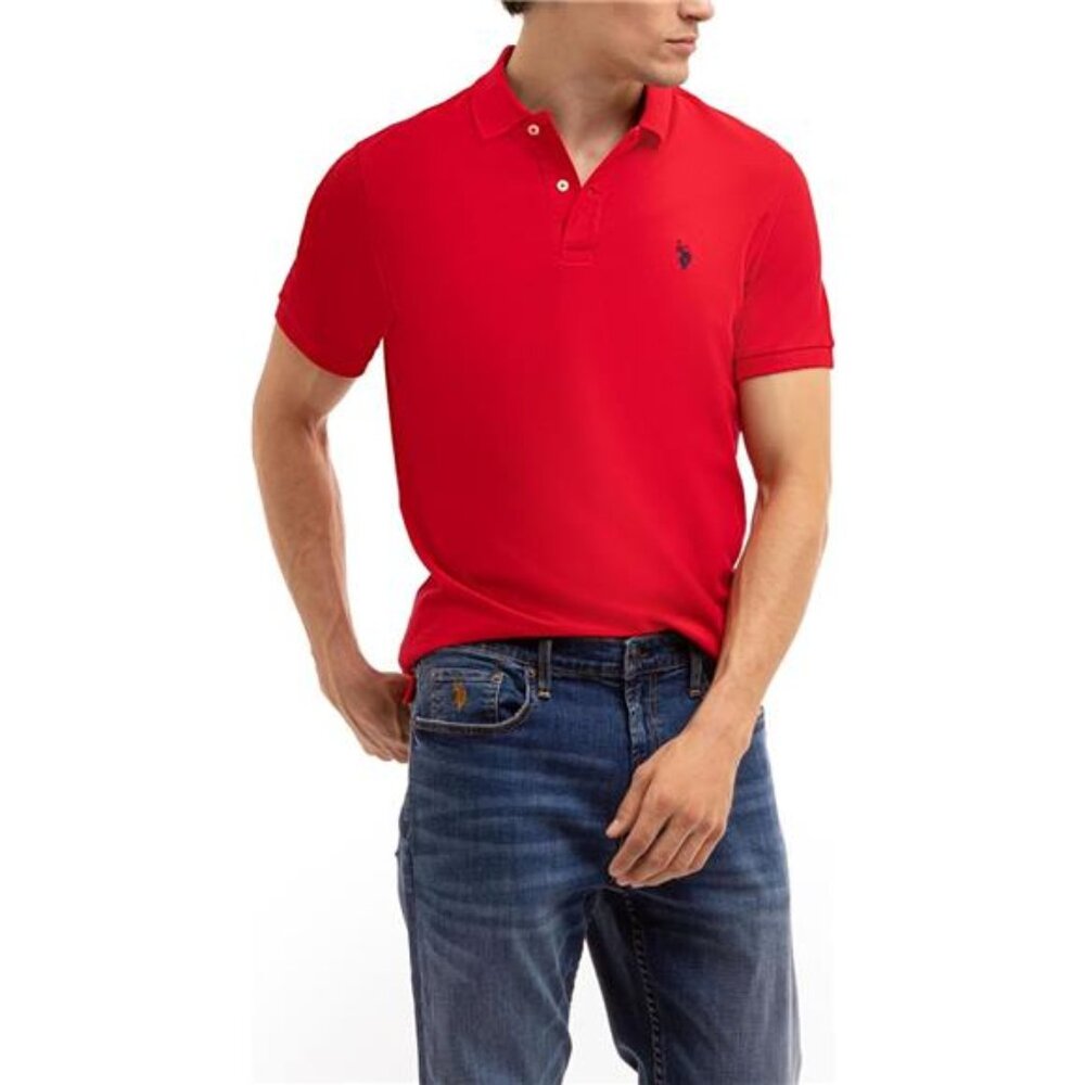 Men's Red Classic Polo Shirt, Two-Button Closure Pique Polo Casual T-‎ Shirt